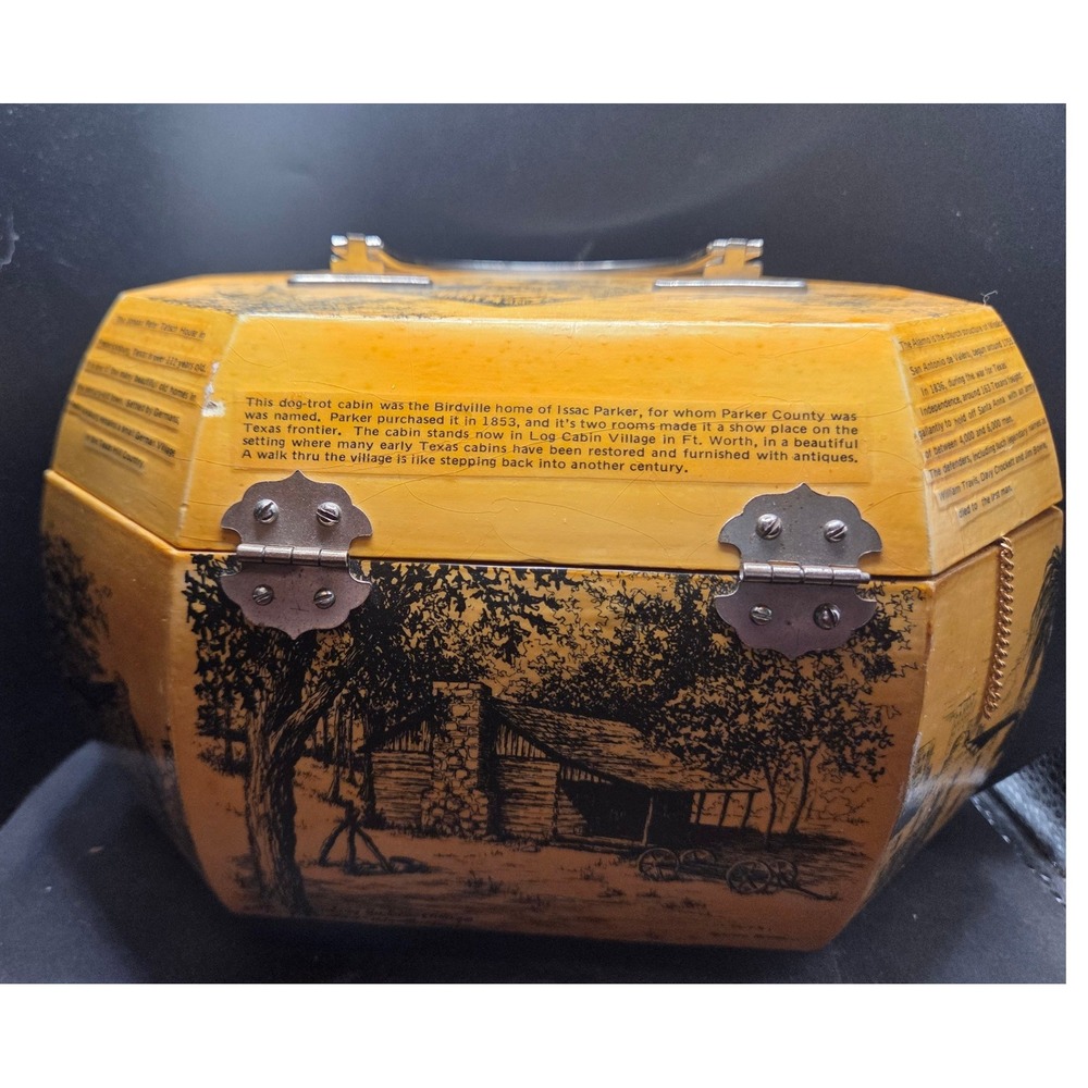Vintage Yellow Wooden Jewelry Organizer Box with Historic Print - Picture 7 of 10